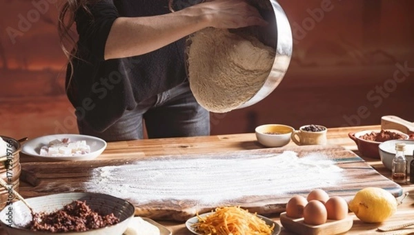 Obraz Hands skillfully pour flour onto a wooden surface, surrounded by ingredients for cozonac