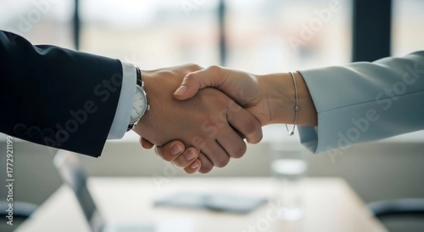 Fototapeta Close up of a business handshake between a man in a suit and a woman in a light blue jacket