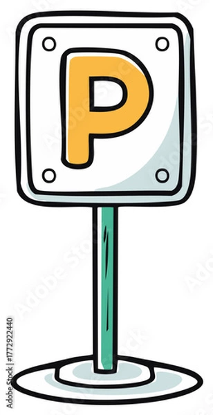 Obraz Simple cartoon parking sign featuring a bold yellow letter P for vehicle guidance and designated area information