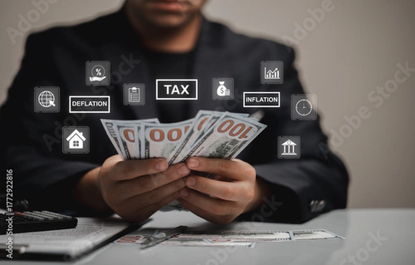 Obraz Businessman Holding Cash with Floating Tax and Economic Icons Representing Financial Concepts Like Inflation and Deflation in Modern Economy