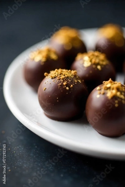 Fototapeta Chocolate Truffles with Edible Gold Leaf A macro, studio shot of several dark chocolate truffles delicately decorated with shimmering edible gold leaf. The truffles are placed on a clean, pristine