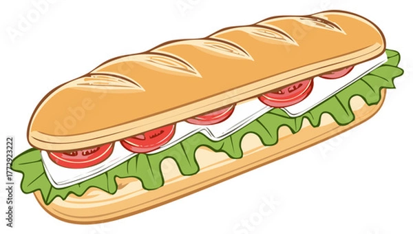 Obraz Cartoon illustration of a long baguette sandwich with tomato cheese and lettuce