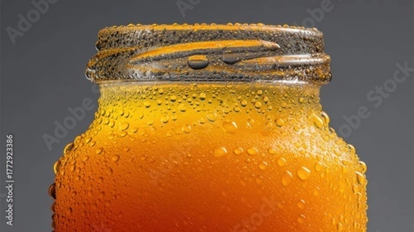 Fototapeta Close up shot showing condensation on a refreshing orange juice glass bottle against neutral background for a healthy start to the day