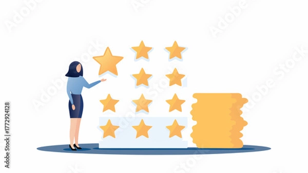 Obraz Businesswoman selecting a star rating from a display of golden stars representing customer satisfaction and service quality