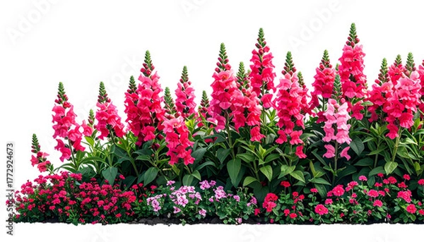 Obraz Vivid pink snapdragons and smaller flowers create a vibrant border against a black backdrop