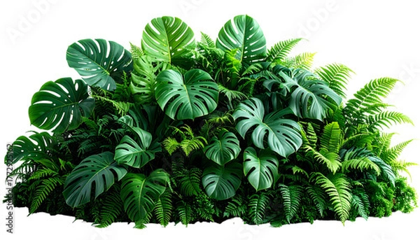 Obraz Lush, dense assortment of tropical foliage, featuring large leaves & various textures
