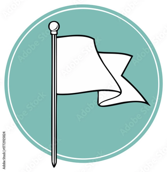 Fototapeta Simple line art white flag icon on a pole waving within a teal circular button graphic illustration