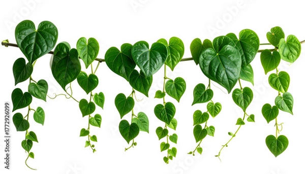 Obraz Lush green heart-shaped leaves trail down from a vine, set against a stark black background