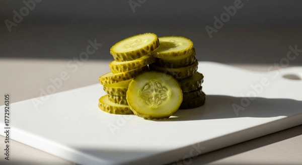 Fototapeta Close-up shot of sliced pickles stacked on a white cutting board, highlighting the texture and juicy nature of the preserved cucumber, perfect for food-related projects.