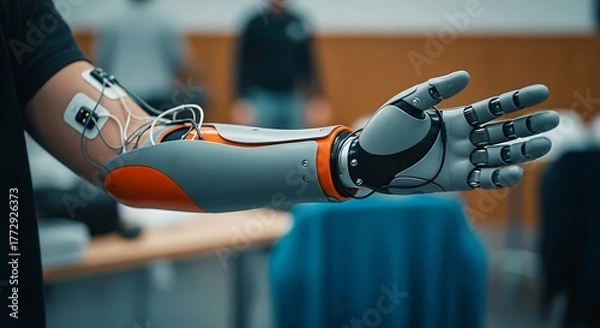 Fototapeta Bionic prosthetic arm attached to person with visible wiring modern medical technology device