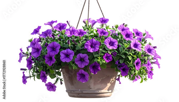 Obraz A hanging flower basket overflowing with vibrant purple petunias, isolated on black