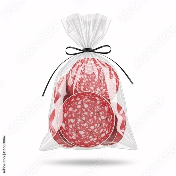 Obraz Salami slices in a clear plastic bag tied with a black ribbon on a white background studio shot