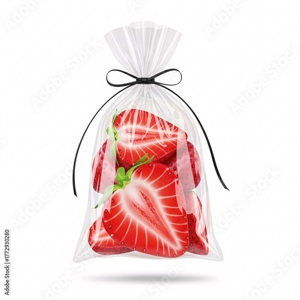 Obraz Strawberries in a clear plastic bag tied with a black ribbon on a white background close up view
