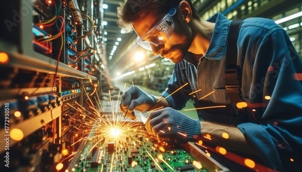 Fototapeta electrician fixing a circuit board with safety goggle in a well lit factory, soldering sparks flying