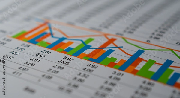 Fototapeta Colorful financial bar and line charts on paper graph