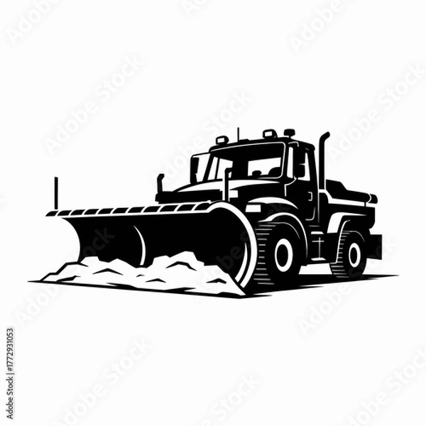 Fototapeta Black and white illustration of a snow plow truck clearing snow