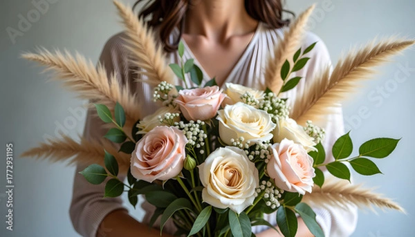 Fototapeta Wedding Boho bouquet with pampas grass and roses held by a woman in a soft lit background