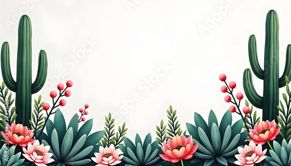 Fototapeta Wedding border design featuring succulents and cacti with vibrant colors and copy space
