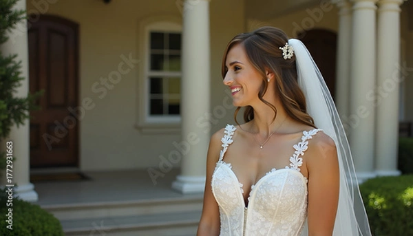 Fototapeta Bride wearing diamond earrings and smiling in front of an elegant house
