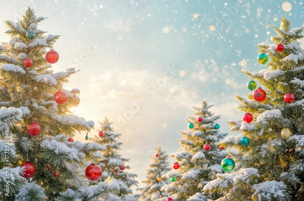 Fototapeta Winter scene with decorated Christmas trees under a snowy sky at sunset creates a festive atmosphere