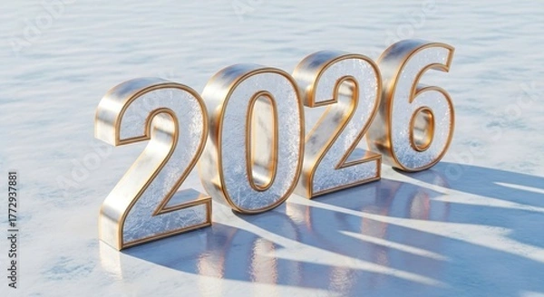 Fototapeta 2026 in icy marble texture numbers with golden borders, blue winter background, perfect for New Year greeting card