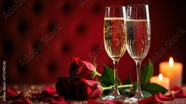Fototapeta Romantic champagne toast with red roses and candlelight for Valentine's Day celebration or elegant wedding reception