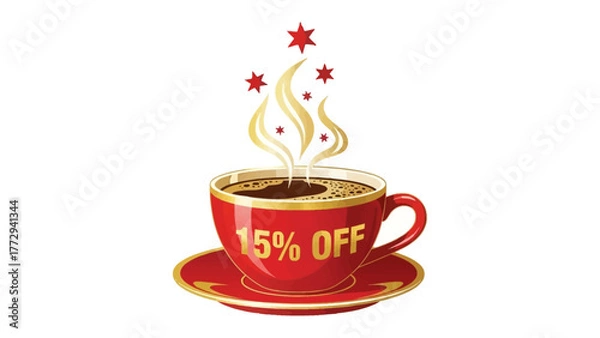 Obraz Delectable Discount: An artistic representation of a steaming cup of coffee, elegantly designed with a 15% OFF offer on its surface. Evoking the essence of warmth, aroma.