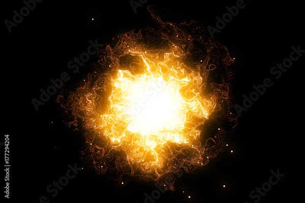 Fototapeta 3D rendering, abstract cosmic explosion shockwave warm gold energy on black background
