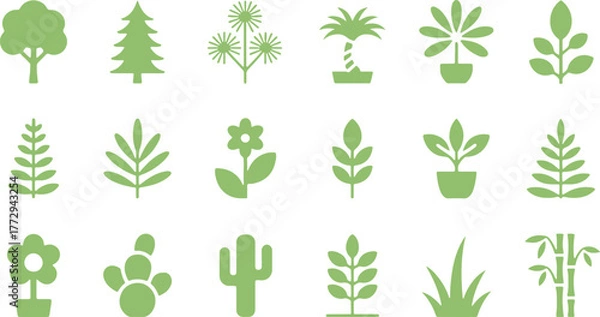 Fototapeta Plants Icon Set, Tree Forest Bonsai Cactus Aloe Vera Monstera Maple Leaf Succulent Silhouette Vector Illustration