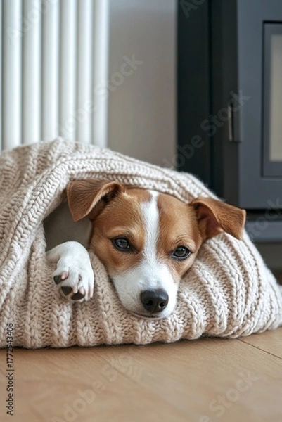 Fototapeta A small brown and white beagle puppy rests inside a cozy knitted blanket near a radiator, enjoying warmth during a cold winter day.