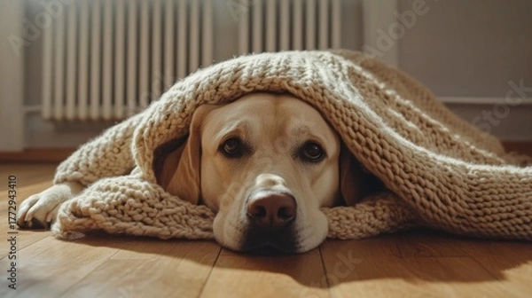 Obraz A yellow Labrador retriever lies on a wooden floor, covered with a knitted blanket. A radiator is visible in the background, suggesting warmth in a cold winter setting.