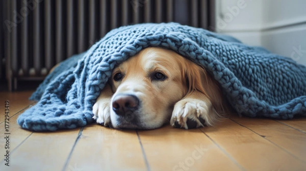 Fototapeta A golden retriever lies on wooden flooring, covered with a blue knitted blanket. The room has a radiator, suggesting warmth in a cold winter setting.