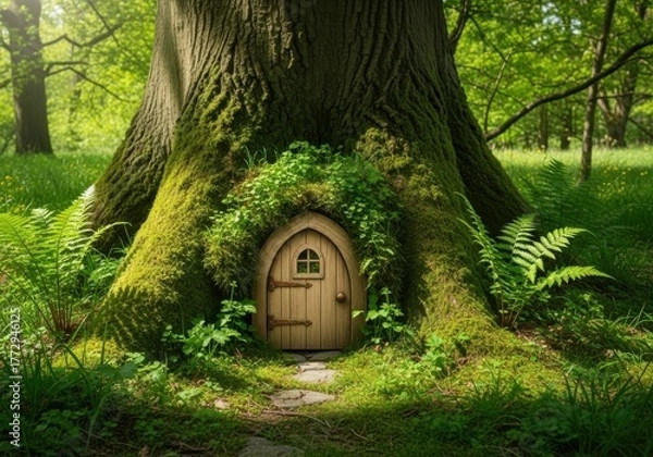 Fototapeta Enchanting fairy door nestled in the roots of a large, mosscovered tree in a lush green forest, evoking a sense of magic and wonder