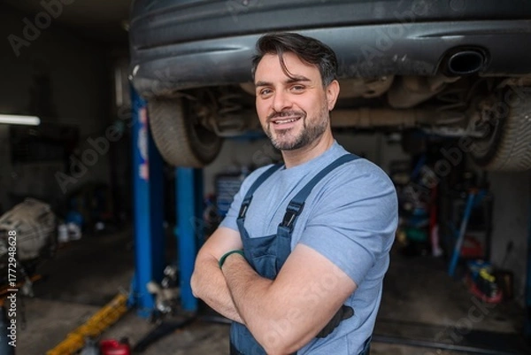Fototapeta Confident mechanic smiling with arms crossed in his garage