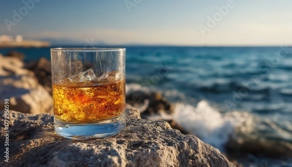 Fototapeta Glass of Whiskey on Rocky Shoreline with Ocean and Sunset in Background