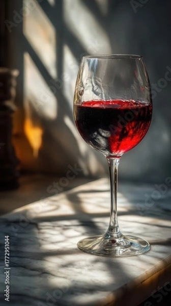 Fototapeta Glass of Red Wine on Marble Surface in Natural Light