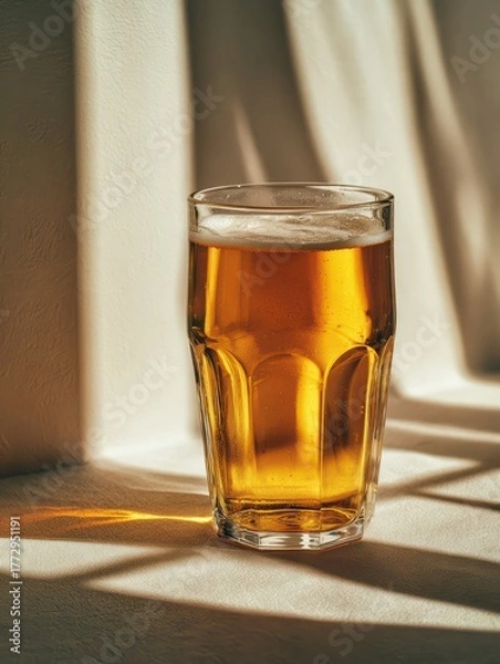 Fototapeta Glass of Amber Beer Sitting on White Surface with Sunlight Shadows in Bright Indoor Setting