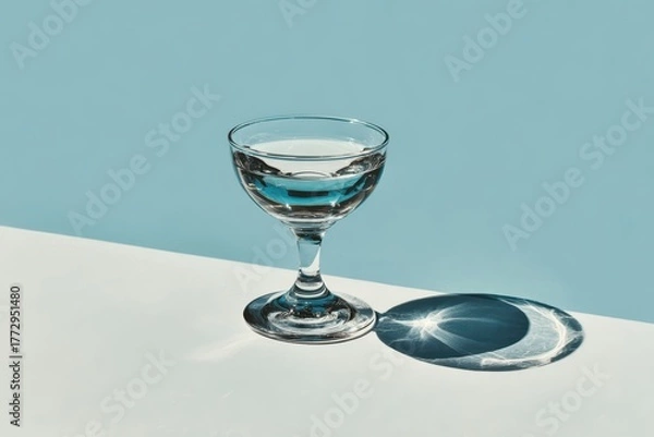 Fototapeta Elegant Glass Cocktail Dish Filled with Clear Water on White Surface with Blue Background