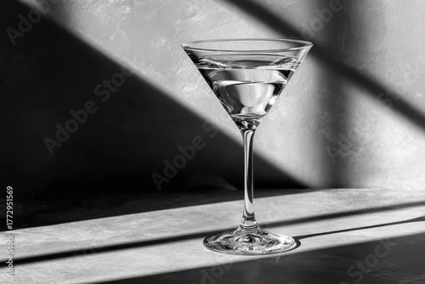 Fototapeta Elegant Martini Glass Filled with Clear Liquid on White Surface with Dramatic Shadow