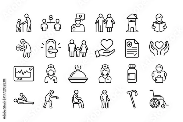 Fototapeta Elderly Care Icon Set. Healthcare, Senior Assistance, Elderly Support, Nursing, Medication, and More. Editable Stroke. Vector Illustration."