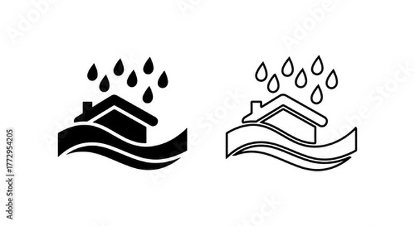 Obraz Flood damage icon showing house and rain with water waves