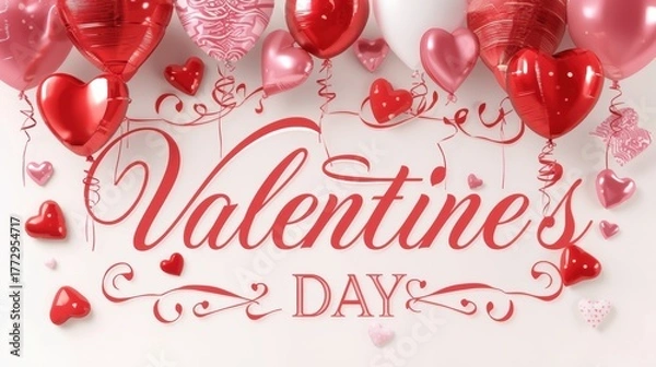 Fototapeta Share the love this Valentine's Day with a design featuring red heart balloons and swirling ribbons on a clean white background