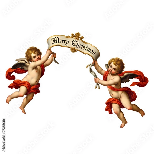 Obraz Two cherubs holding a banner that says "Merry Christmas".