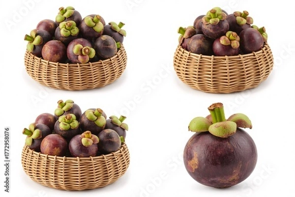 Obraz Fresh mangosteen fruit in baskets on white background healthy food concept
