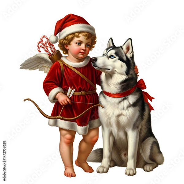 Fototapeta A festive cherub dressed as Santa Claus with Cupid's bow and wings, standing next to a Siberian Husky dog.