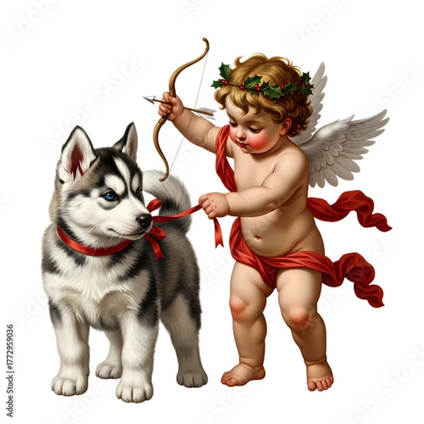 Fototapeta Adorable Cupid with bow and arrow leading a cute husky puppy on a red ribbon, symbolizing love and companionship.