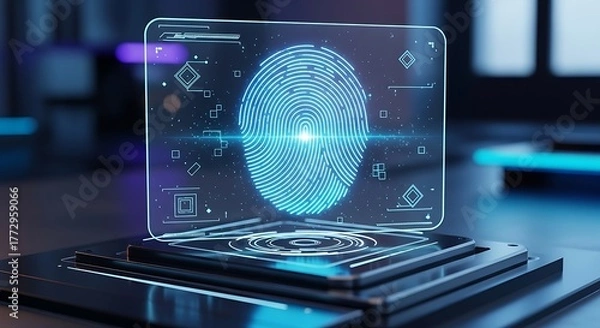 Fototapeta Futuristic Holographic Fingerprint Scanner for Digital Security and Identification.