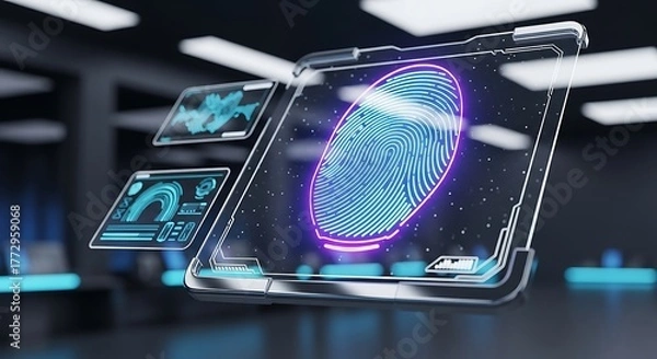 Fototapeta Futuristic holographic fingerprint scanner for digital security and identification.