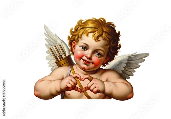 Fototapeta A cherubic cupid with golden curly hair and rosy cheeks forms a heart shape with his hands.