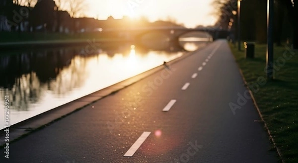 Fototapeta Serene asphalt path along a calm river during a beautiful sunset.